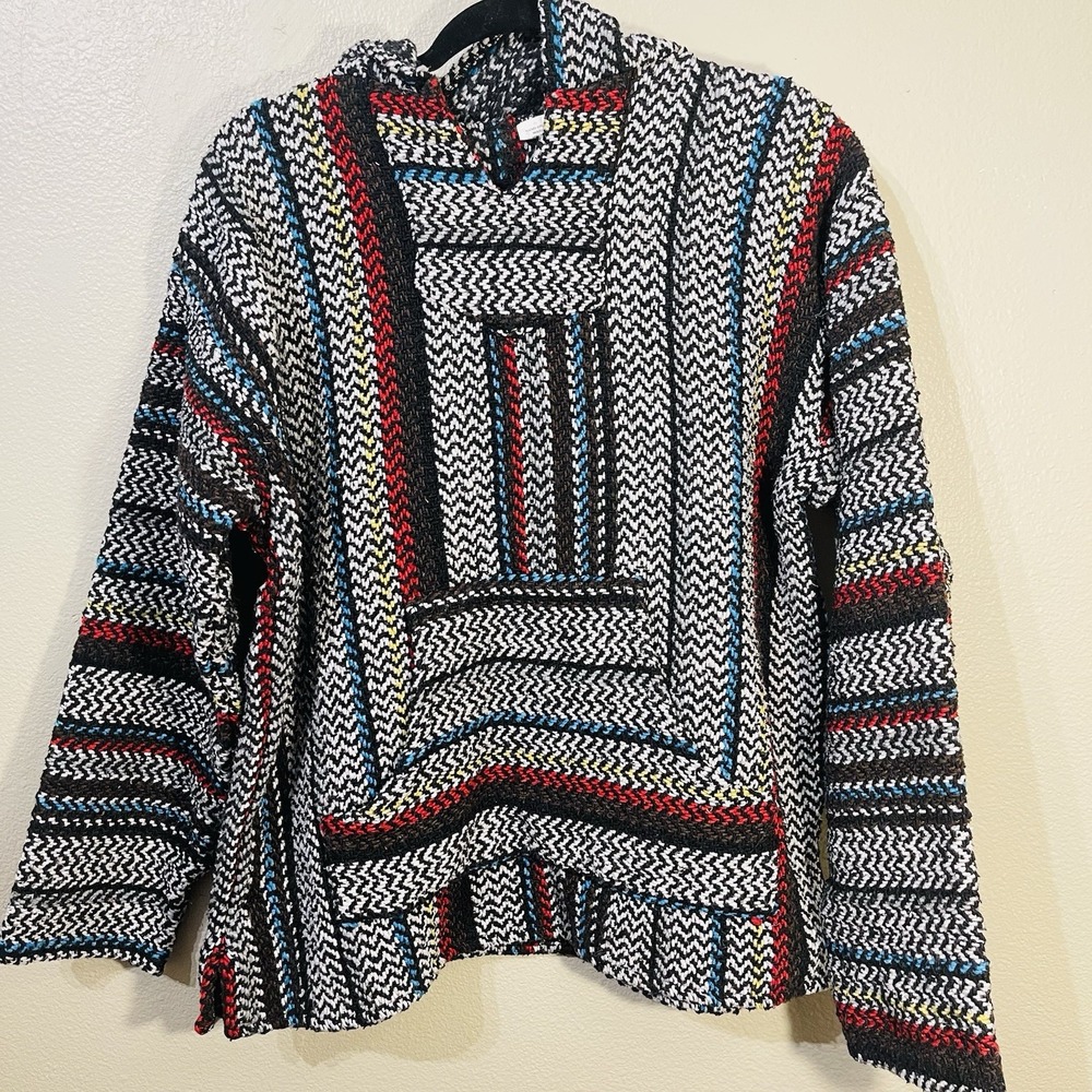 Baja‎ Hoodie DrugRug Mexican Poncho Surfer Style Outdoor Hippie Striped Size L